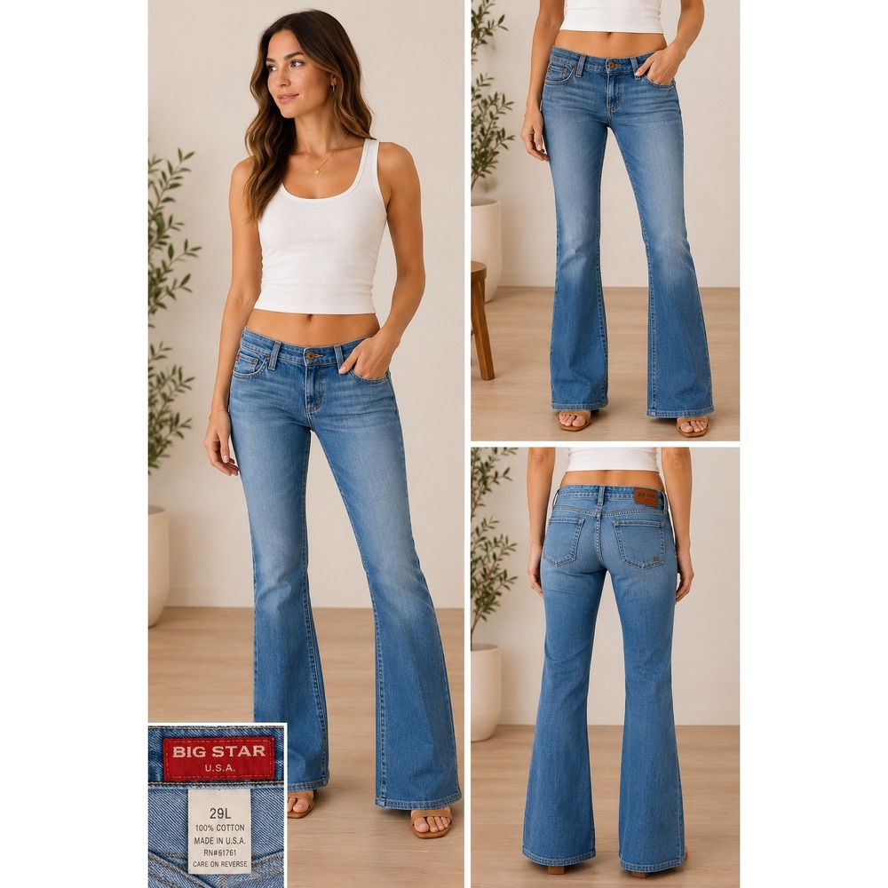 Big Star Flary Low Rise Flare Jeans Medium Wash Blue Made in USA Women's 29L